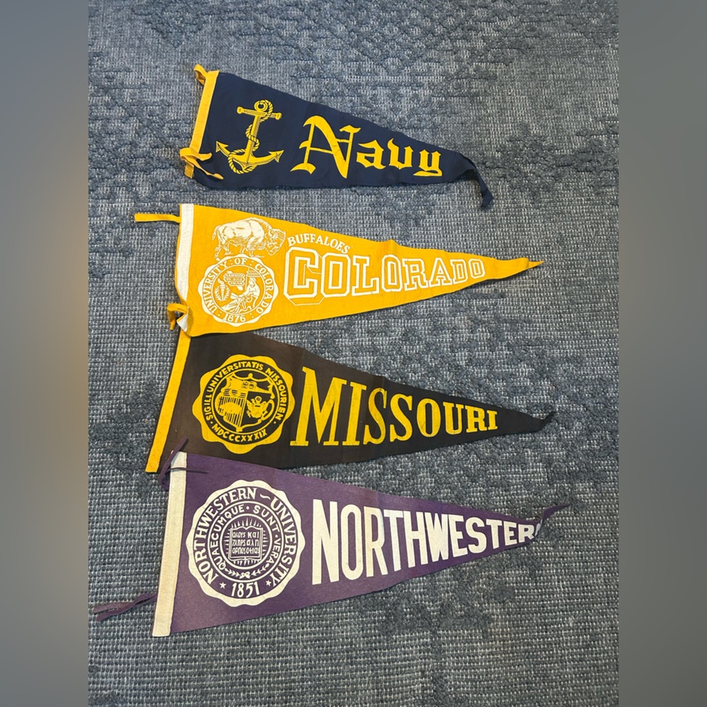 University Pennant Set - Purple, Yellow, Navy Vintage Pennant Flags